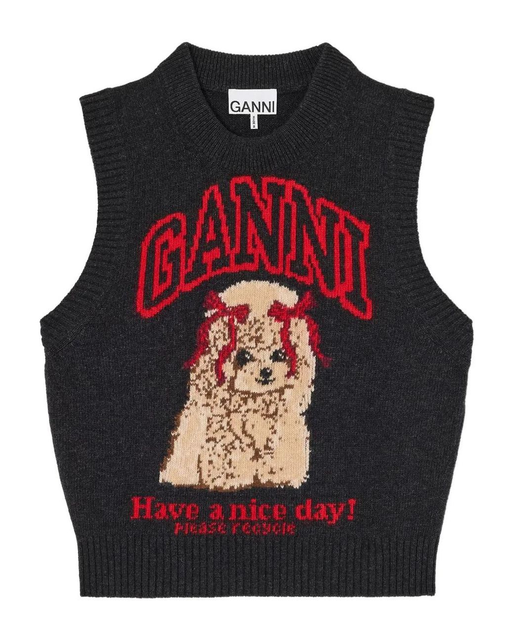Ganni Wool Graphic Regular-Fit Sleeveless Ribbed Vest in Black | Lyst