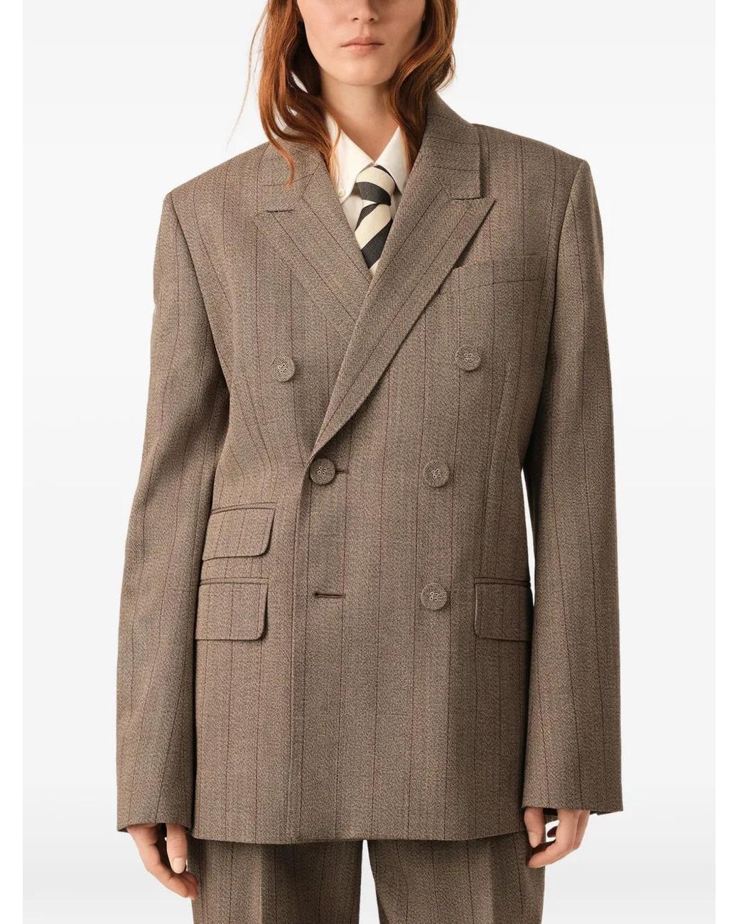 AMI Gestreepte Wollen Blazer Met Dubbele Rij Knopen in het Brown