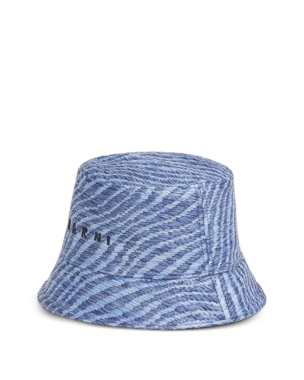 Marni Blue Raffia-Effect Bucket Hat With Wavy Pattern