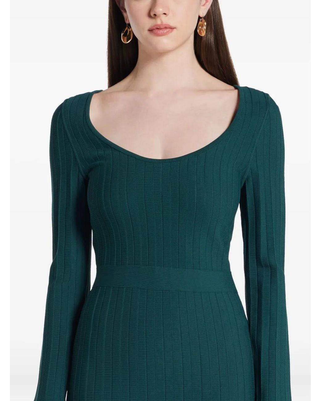 Hervé Léger Green Robe Plissée Alena À Manches Évasées