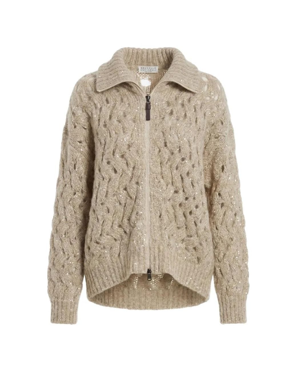 Brunello Cucinelli Natural Dazzling Zigzag Cables Chunky-Knit Cardigan