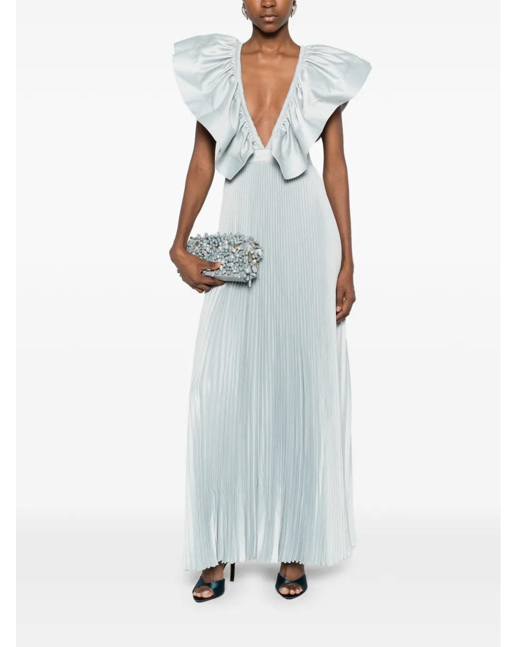 L'idée White Ventoux Ruffled V-Neck Gown