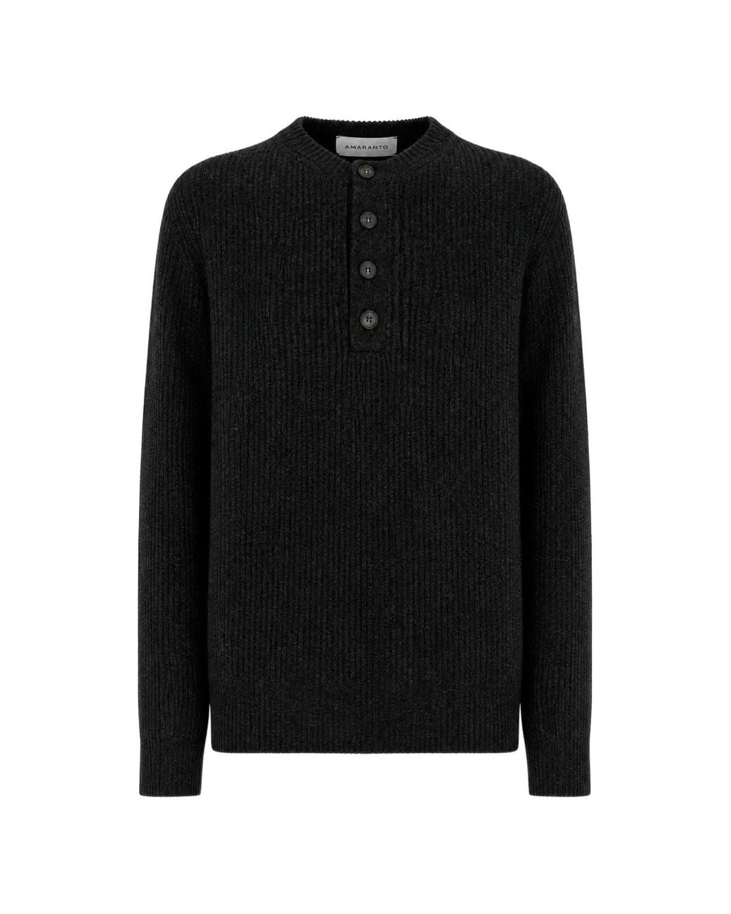 Amaranto Black Ribbed-Knit Button-Neck Sweater for men