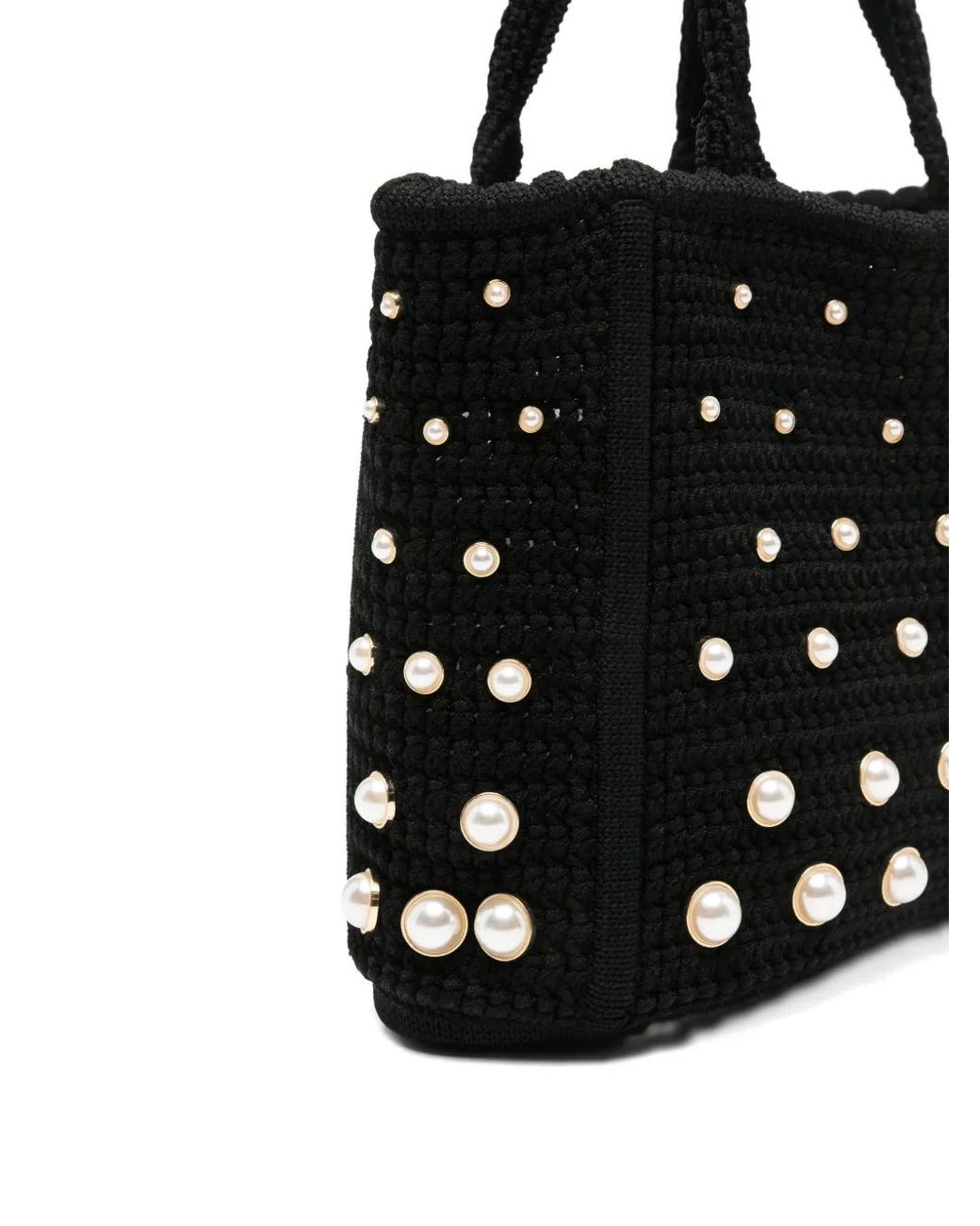 Sandro Black Pearl-Embellished Crochet Tote Bag