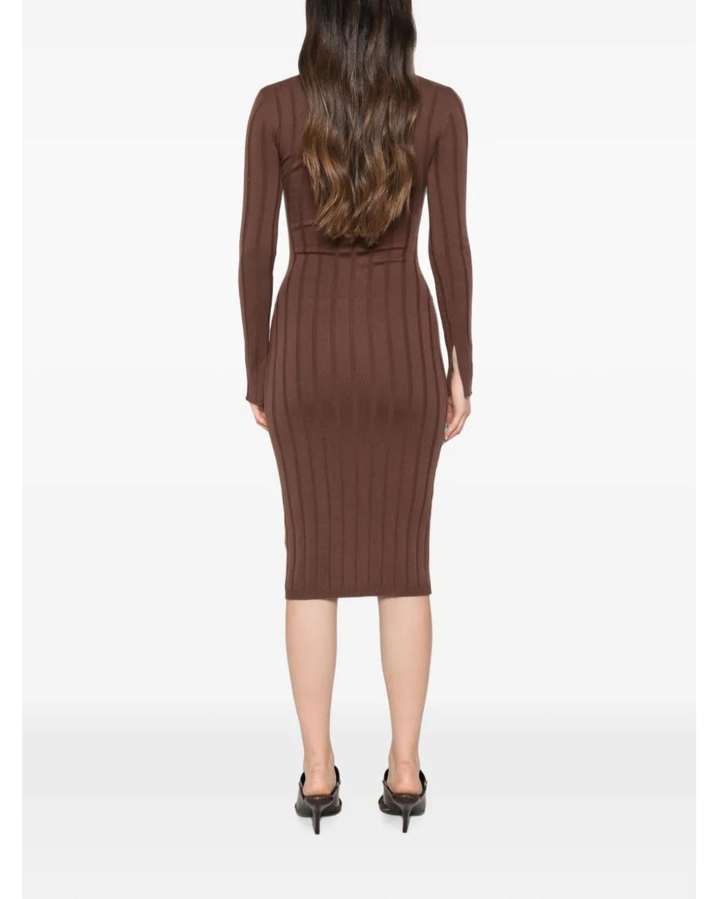 Patrizia Pepe Brown Ribbed-Knit Contrast-Collar Midi Dress