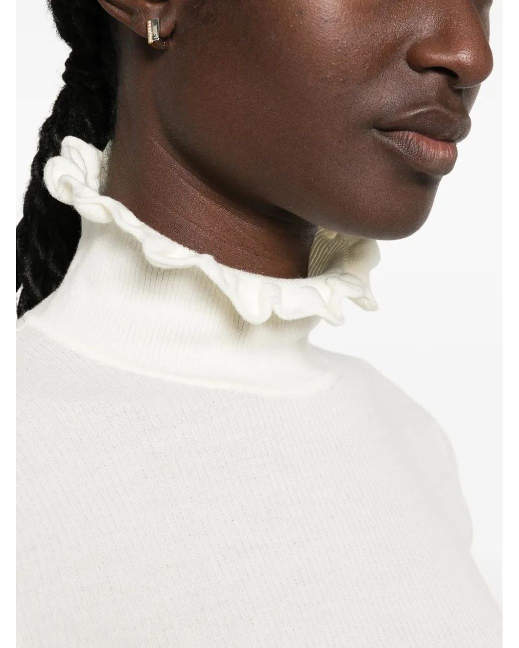 Sandro White Ruffled Turtleneck Wool Sweater