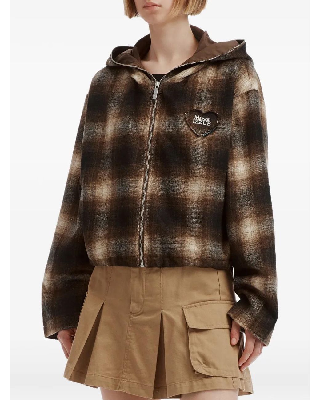 Izzue Brown Check-Pattern Heart-Patch Cropped Jacket