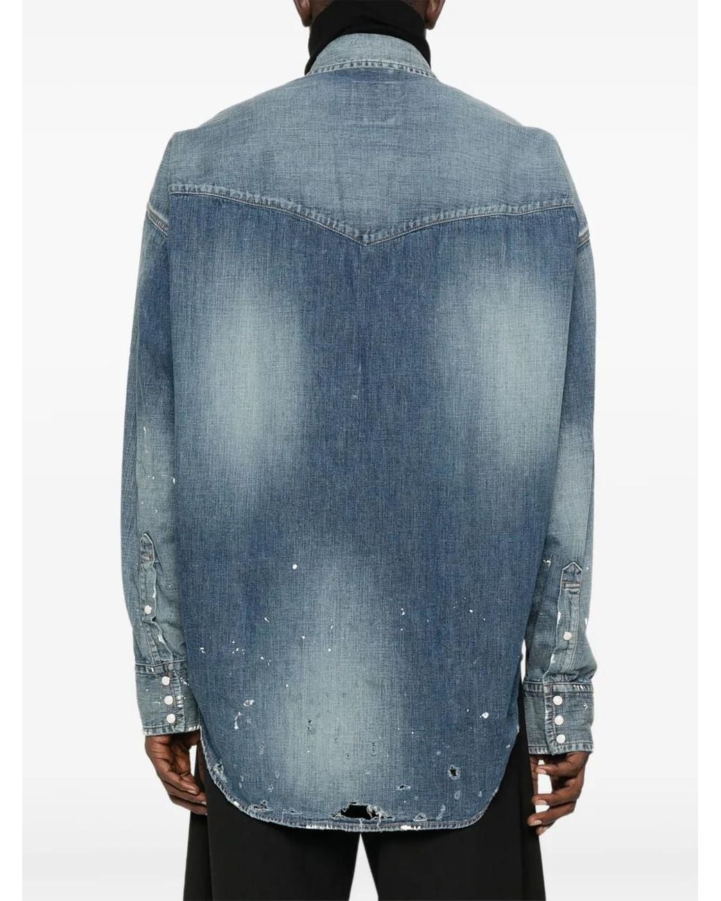 Maison Mihara Yasuhiro Blue Paint-Splatter Patchwork Denim Shirt for men