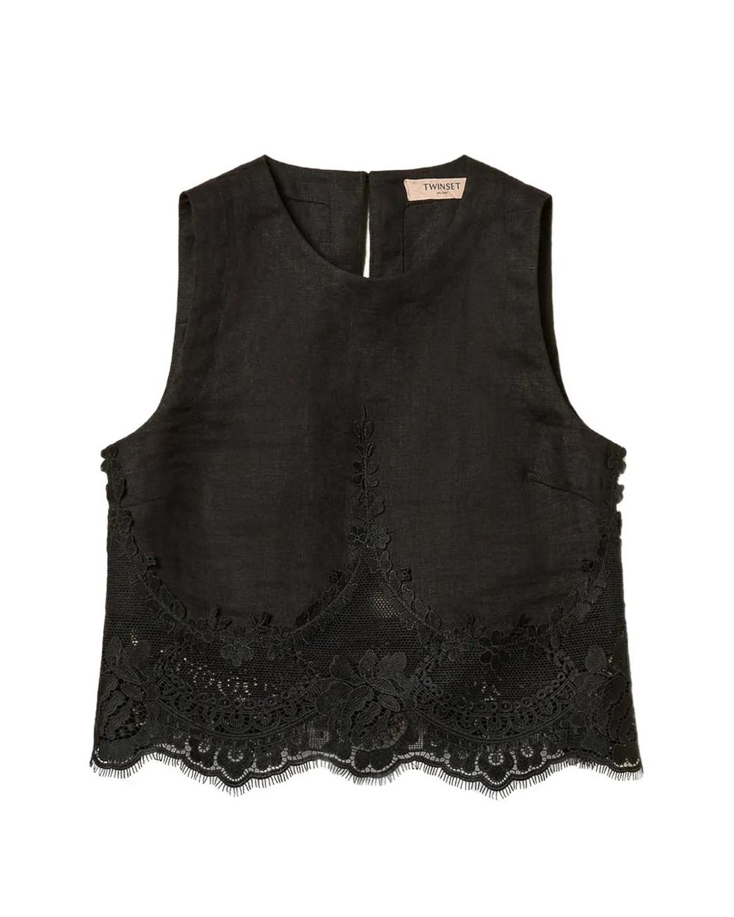 Twinset Black Linen Top With Lace