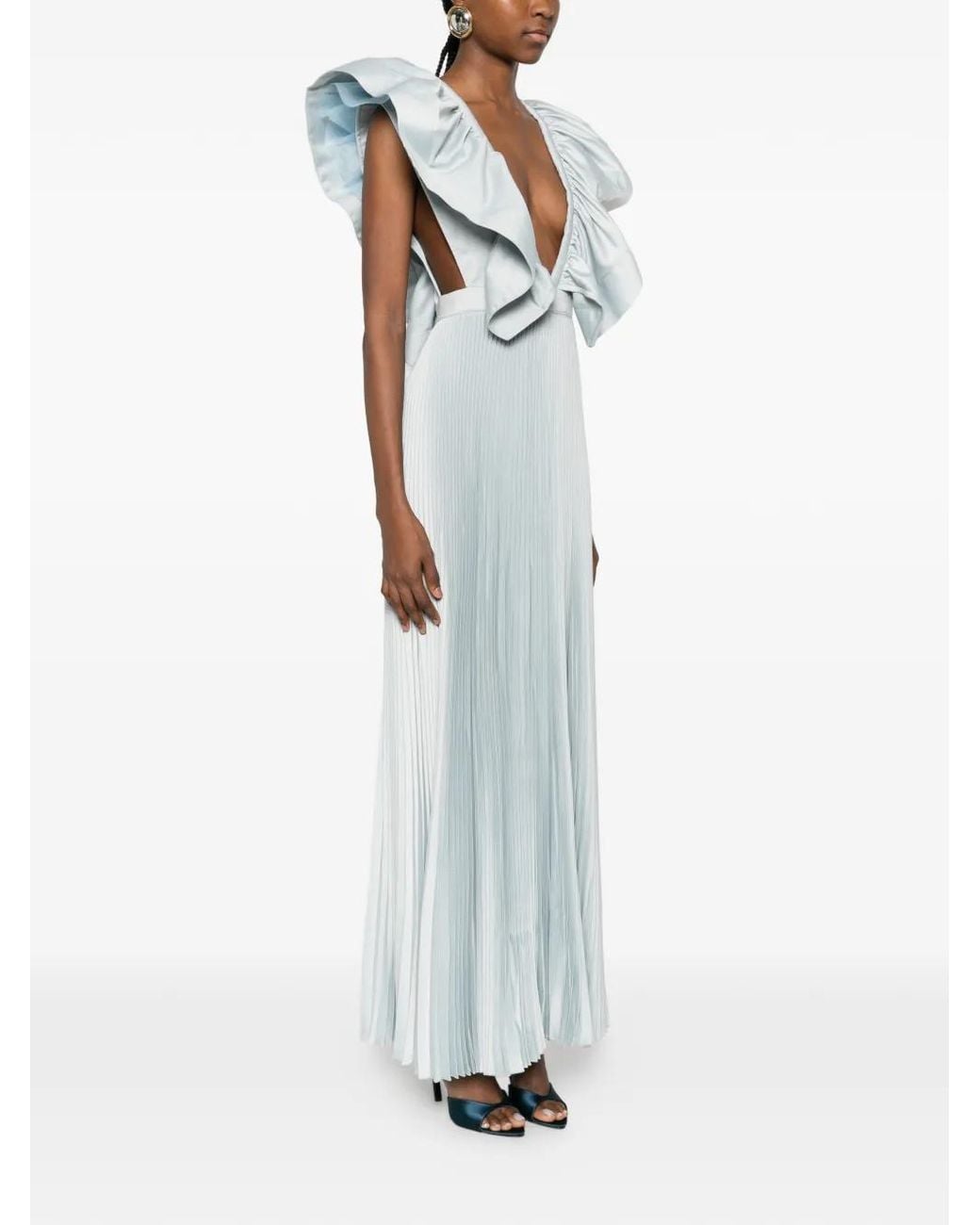 L'idée White Ventoux Ruffled V-Neck Gown