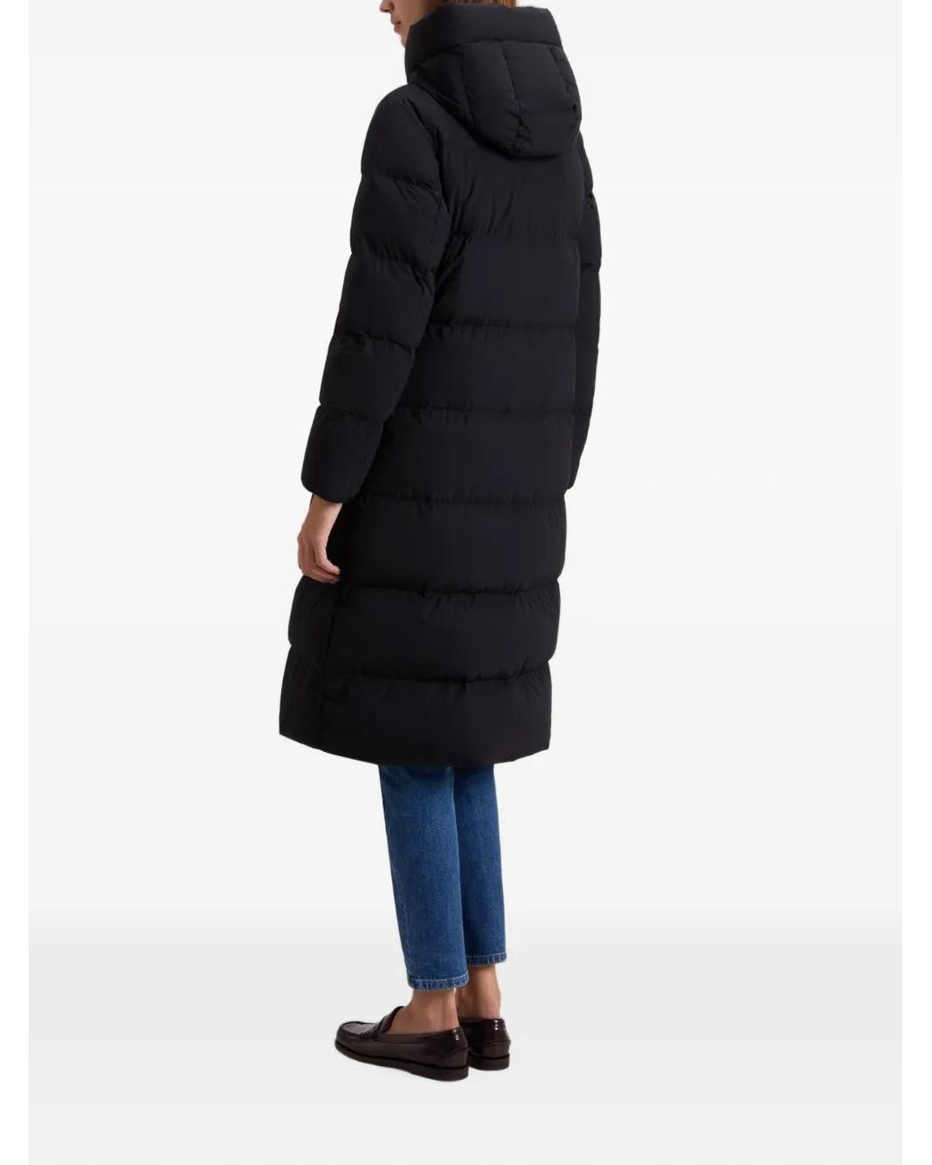 Woolrich Black Striped Quilted Hooded Stand-Up Collar Mini Coat
