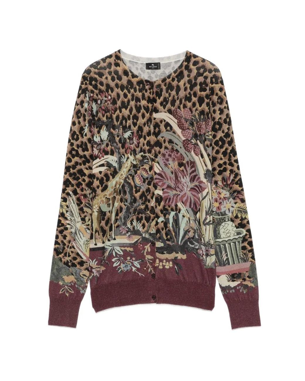 Etro Brown Leopard-Print Floral-Intarsia Cardigan