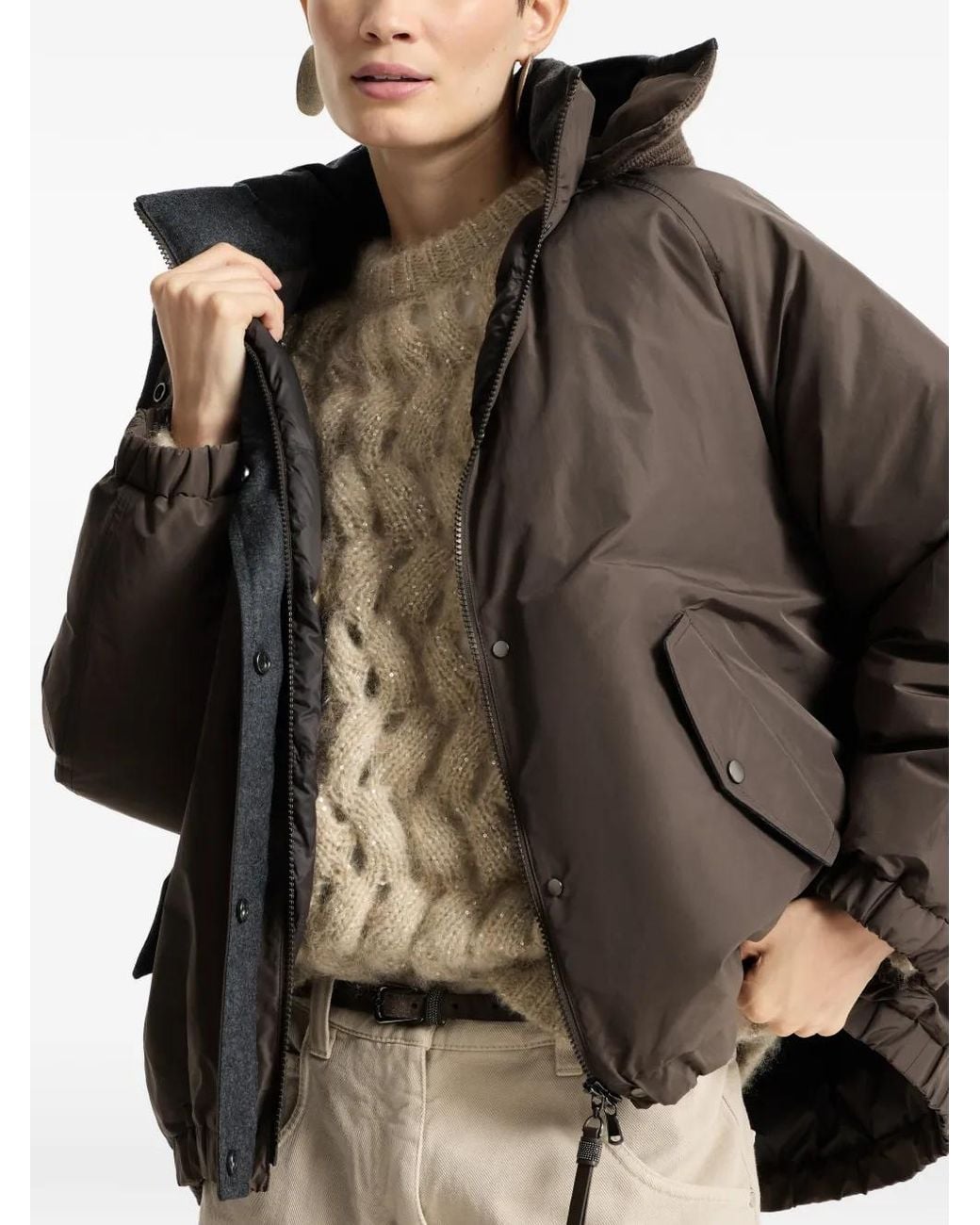 Brunello Cucinelli Brown Techno Cotton Taffeta Outerwear Jacket With Detachable Knit Hood And Shiny Zipper Pull