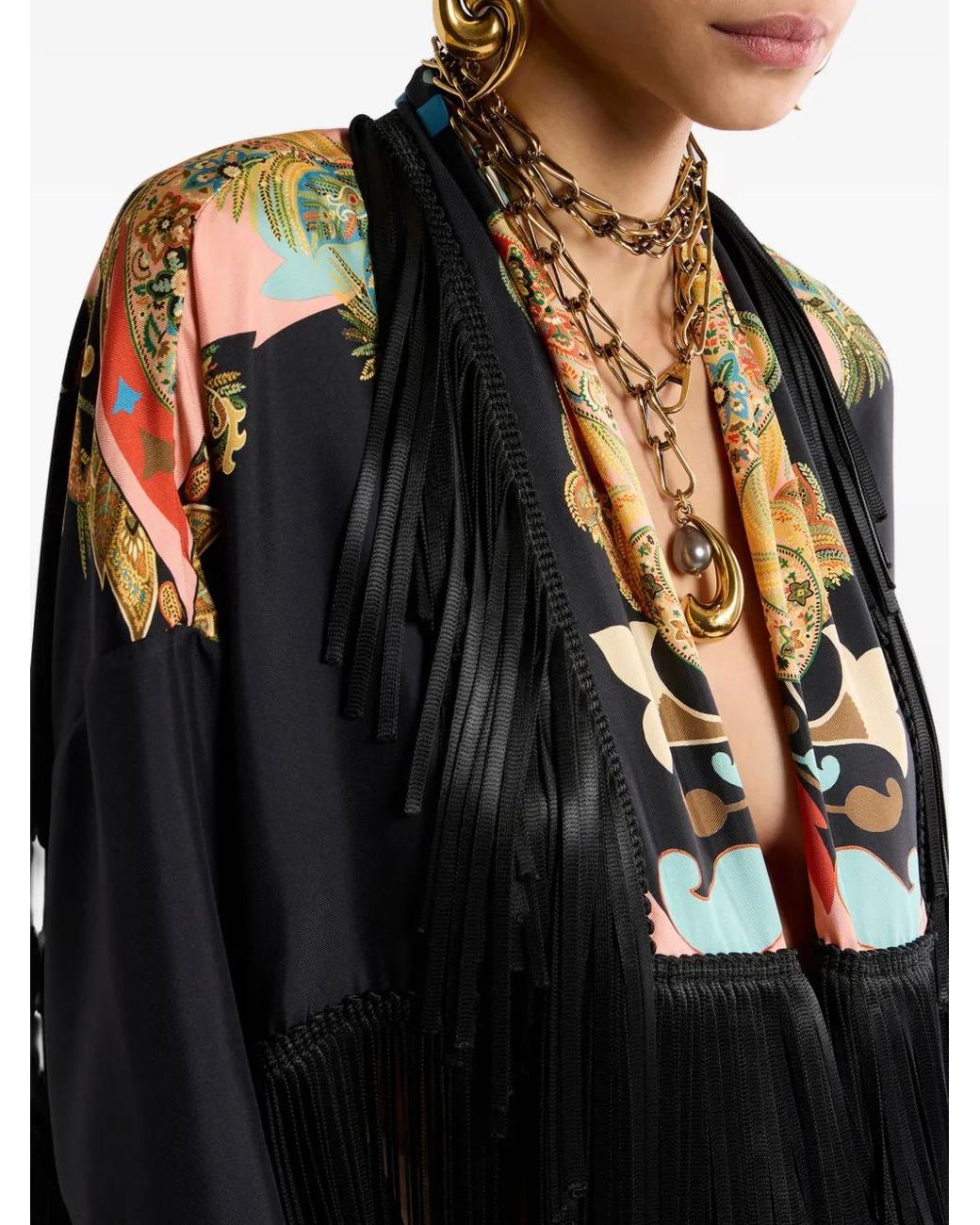 Etro Black Silk Jacket With Fringing And Placed Print