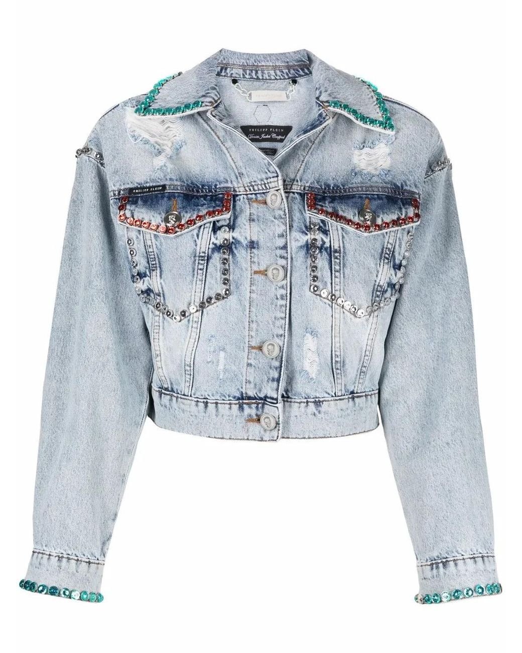Philipp Plein Blue Crystal-Embellished Distressed Denim Jacket