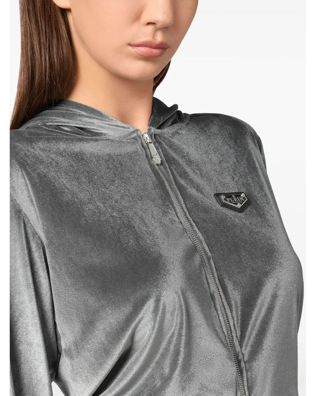 Philipp Plein Gray Chenille Hoodie Sweatjacket Strass Skull