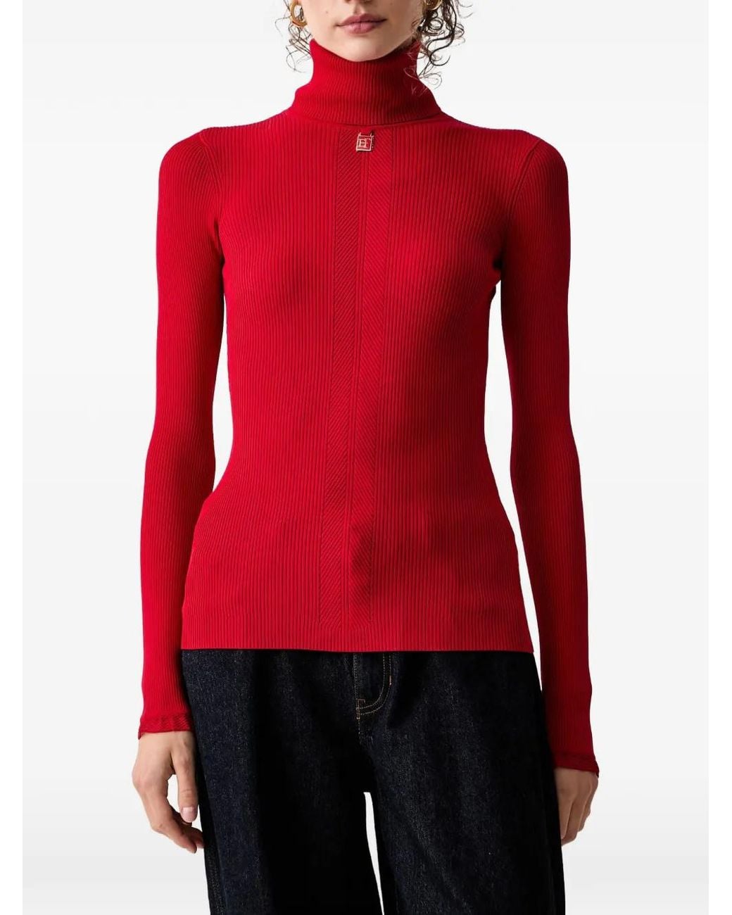 Elisabetta Franchi Red Ribbed Logo-Plaque Top