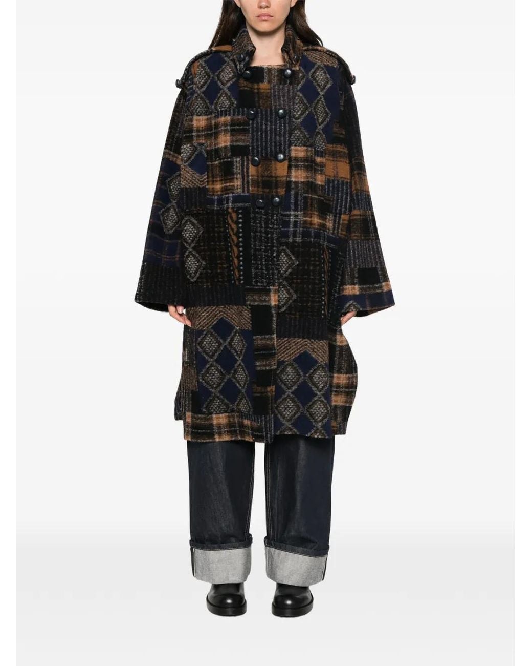 Bye Black Patchwork Check-Pattern Coat