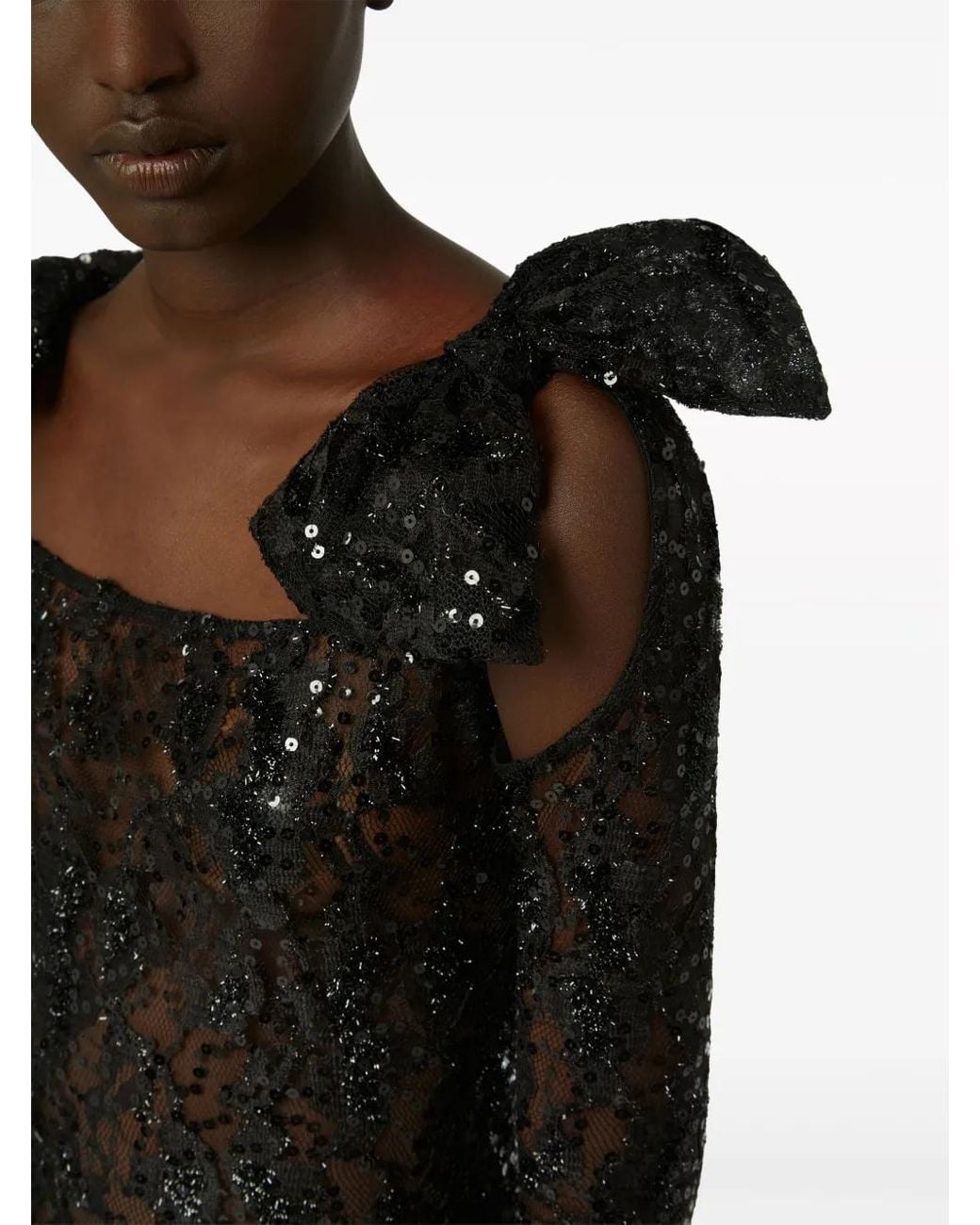 Nina Ricci Black Bow-Embellished Sequinned Lace Gown