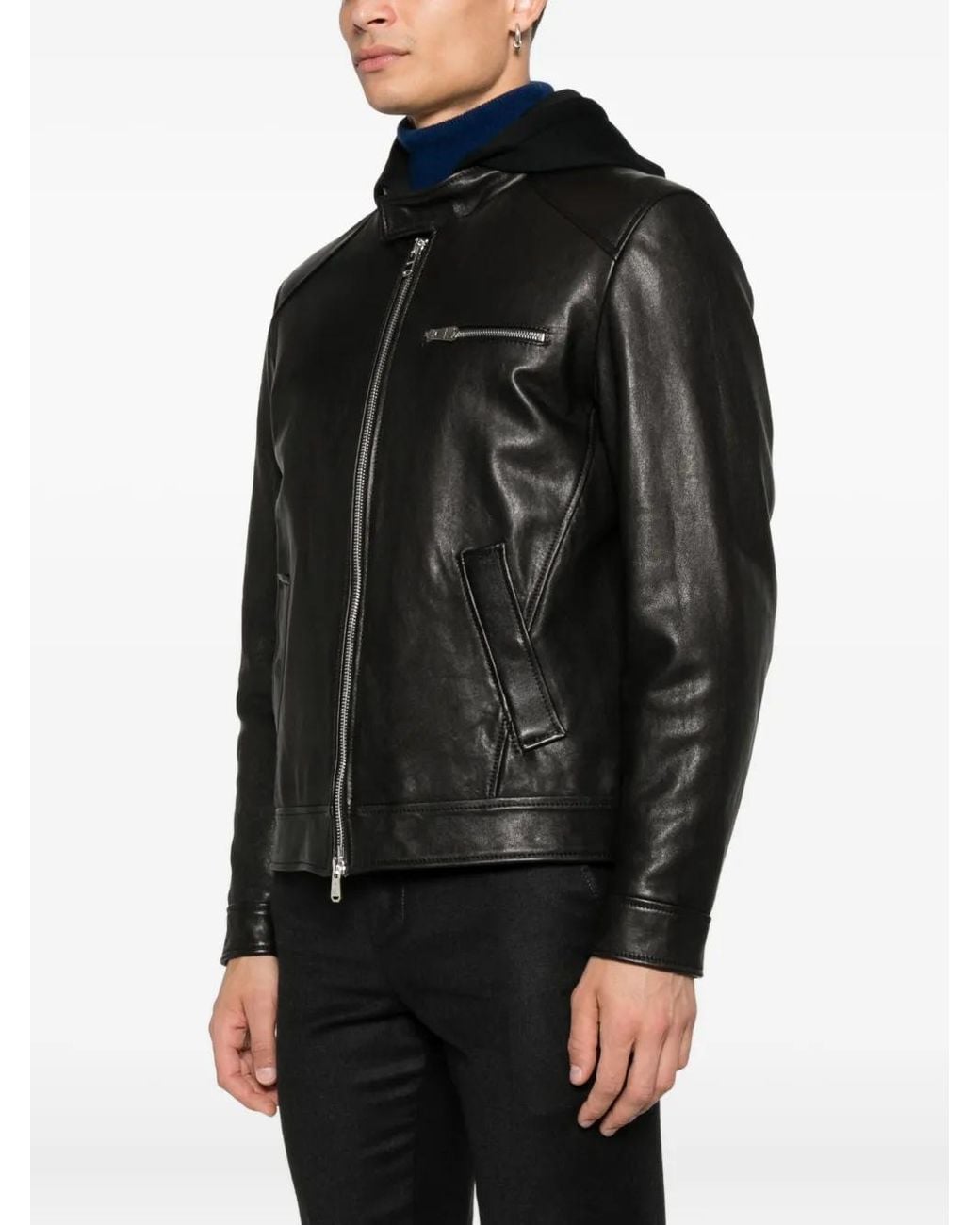 Dondup Black Hooded Leather Jacket for men