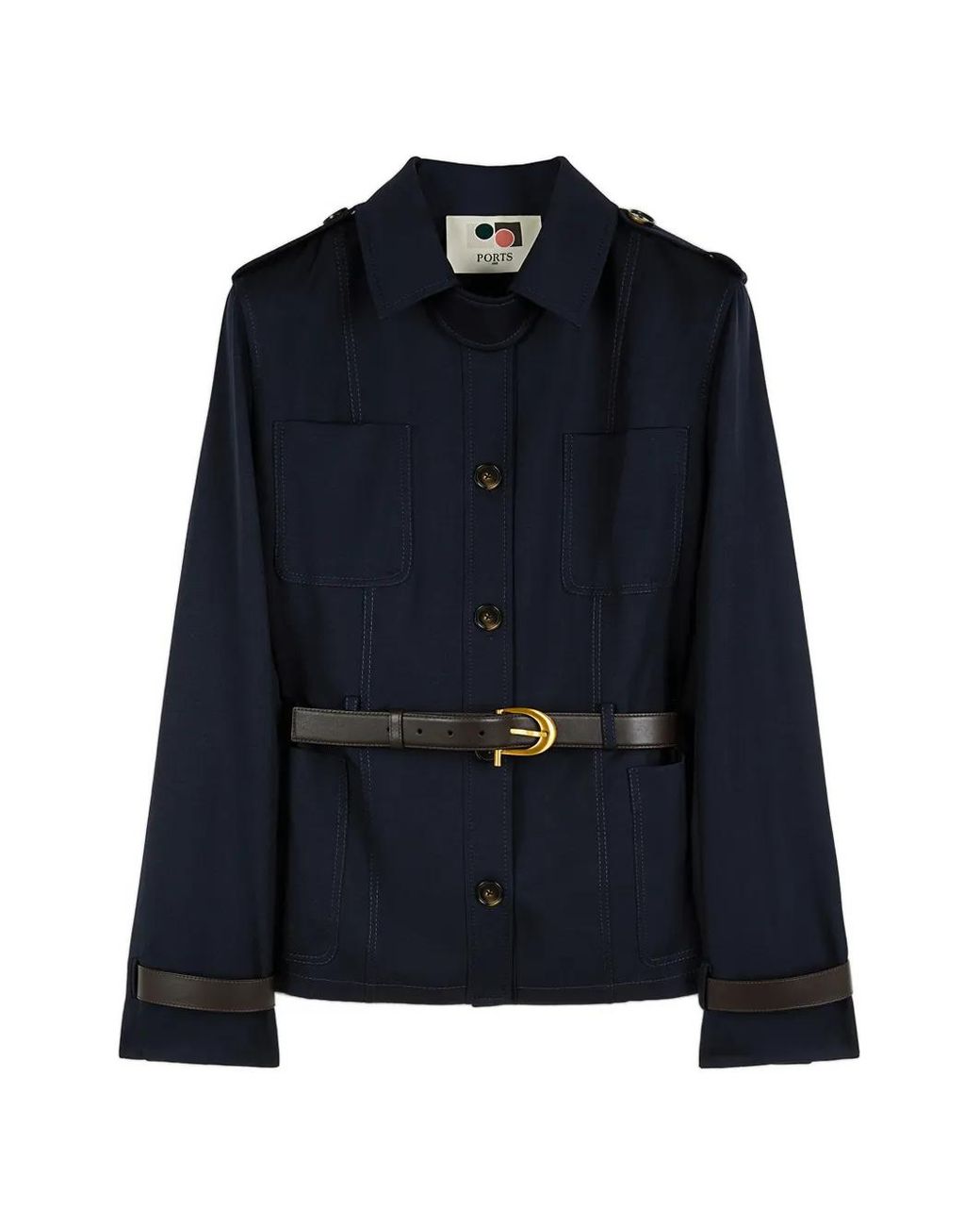 Ports 1961 Blue Belted Ribbed-Collar Jacket