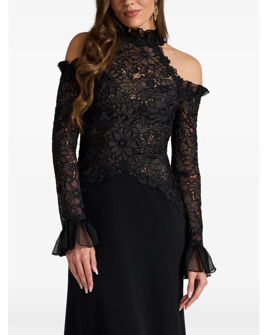 Tadashi Shoji Black Lace-Overlay Cold-Shoulder Gown