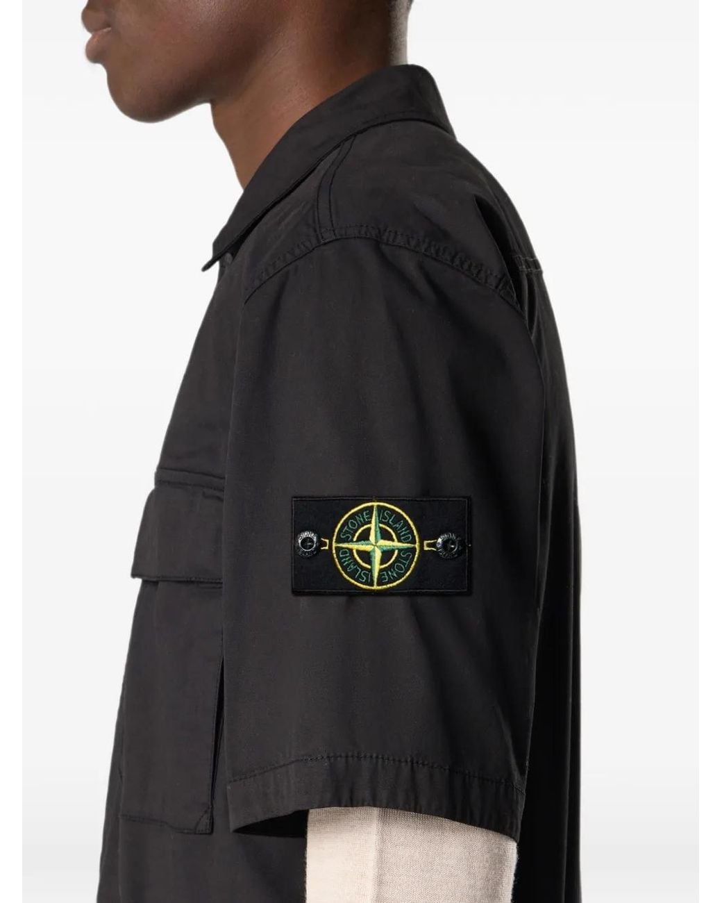 Stone Island Black 1100025 Stretch Organic Cotton Twill Short-Sleeve Shirt With Dual Chest Pocket for men