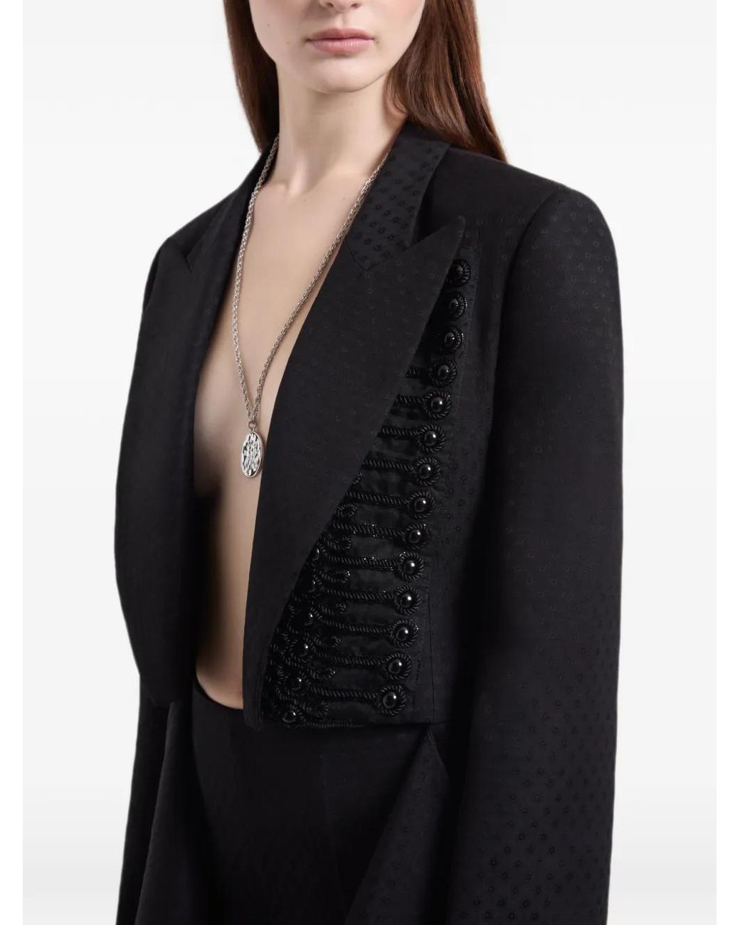 Nina Ricci Black Jacquard Frogging-Detail Coat
