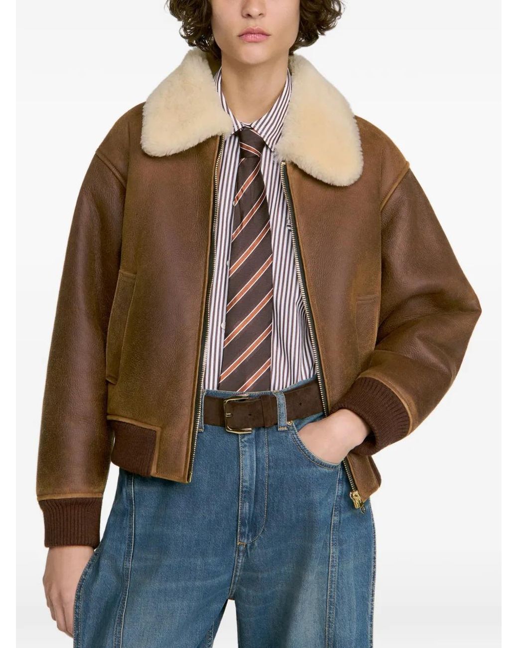 Sandro Brown Zipped Shearling Jacket
