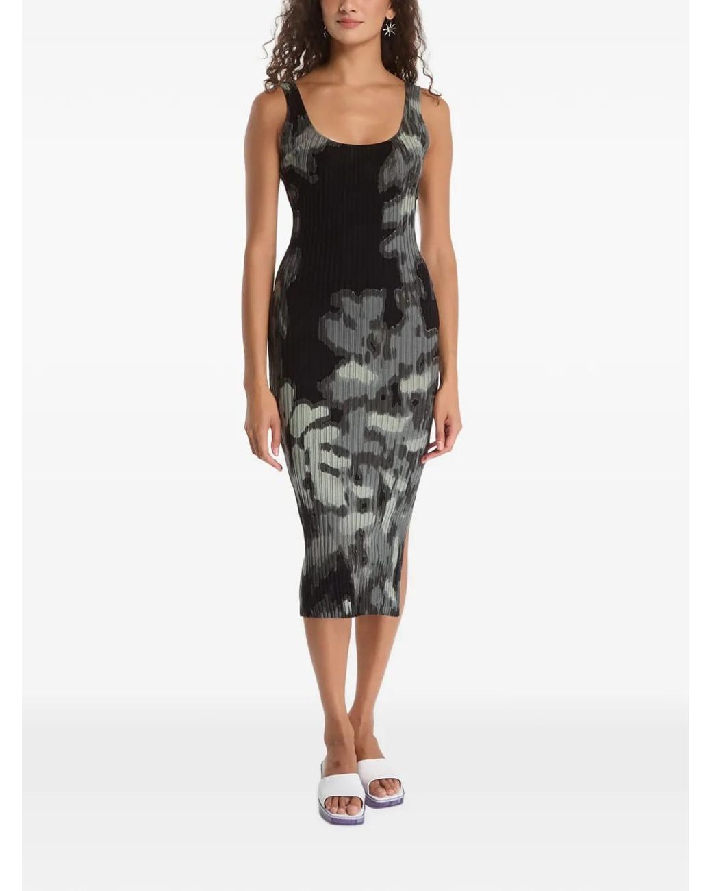 Desigual Black Floral-Print Ribbed Midi Dress
