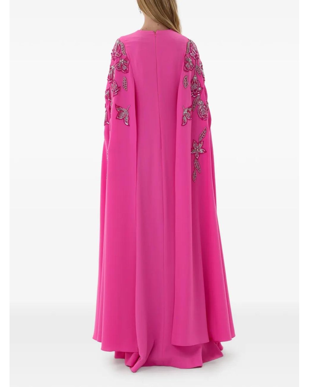Dina Melwani Pink Crystal-Embellished Cape-Sleeve Maxi Dress