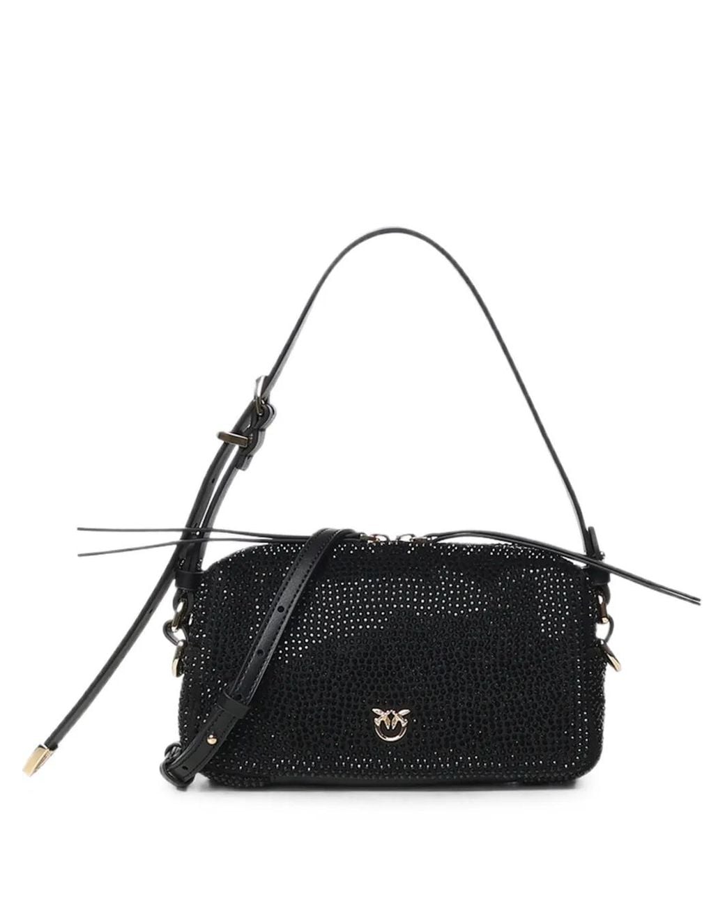 Pinko Black Fully Rhinestoned Mini Suede-Effect Crossbody Boston Bag