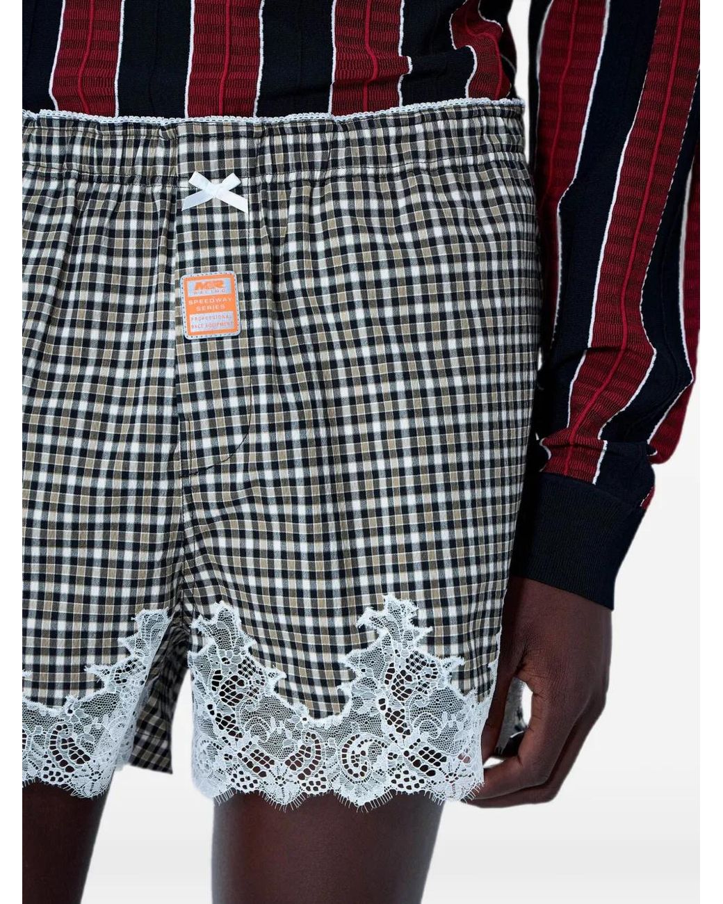 Martine Rose Black Lace-Trim Checkered Shorts for men