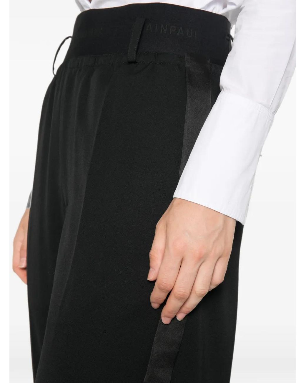 ALAINPAUL Black Satin-Stripe Wide-Leg Trousers