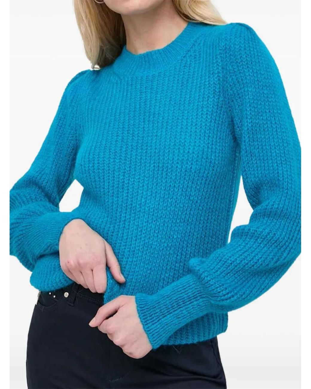 Morgan Blue Mine Ribbed-Knit Puff-Sleeve Sweater