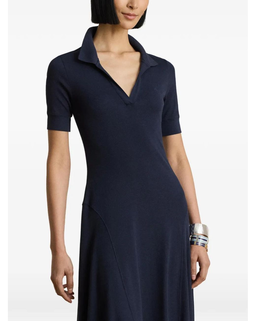 Ralph Lauren Blue Robe Mi-Longue En Maille Nervurée