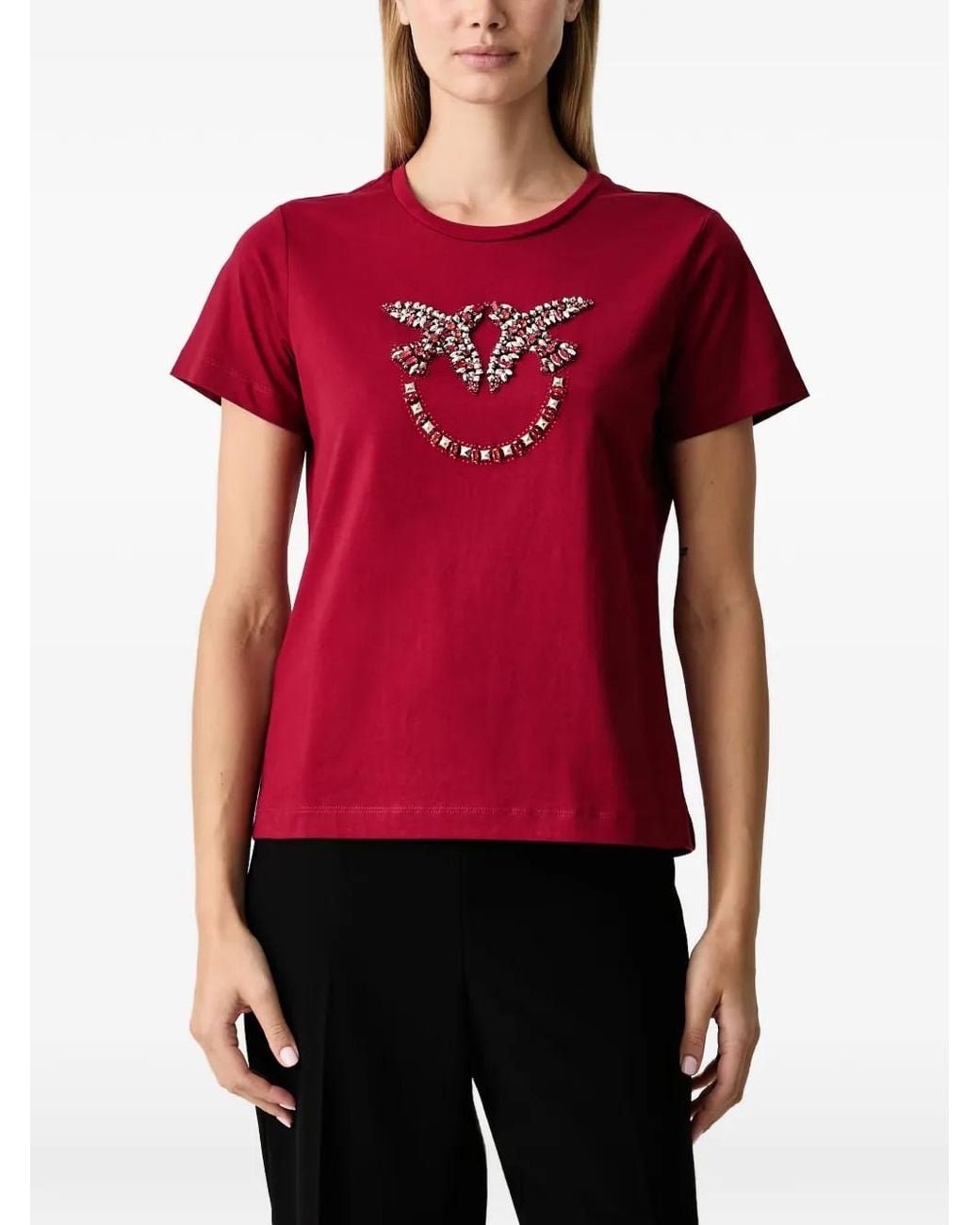 Pinko Red Love Birds Crystal-Embellished T-Shirt