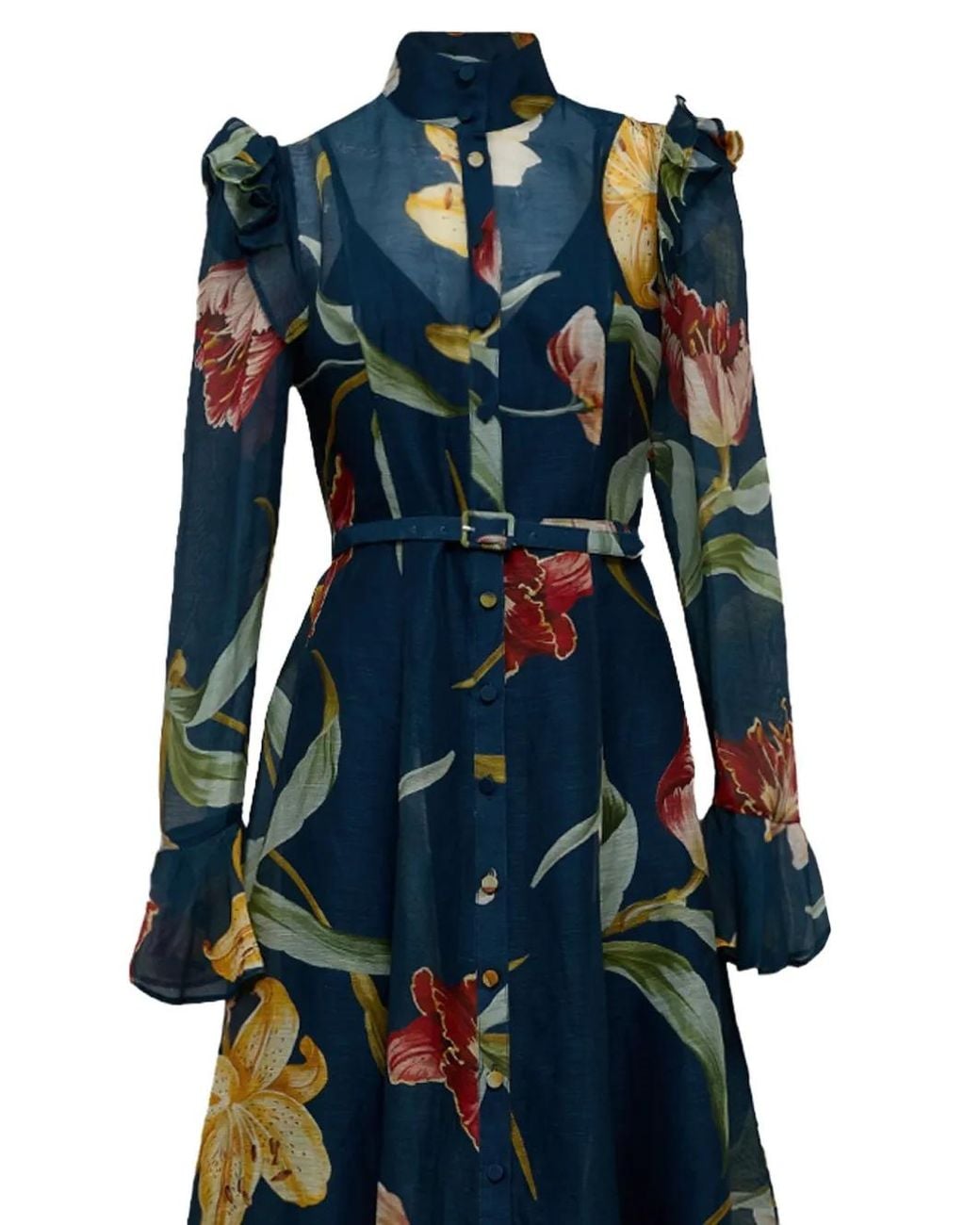 LEO LIN Blue Katrina Ruffled-Shoulder Midi Dress