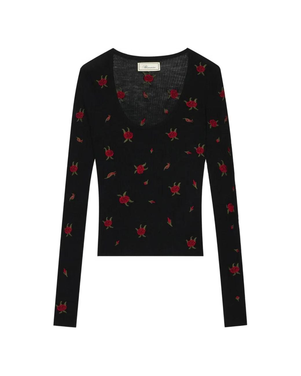 Blumarine Black Wool Jumper With Rose Embroidery