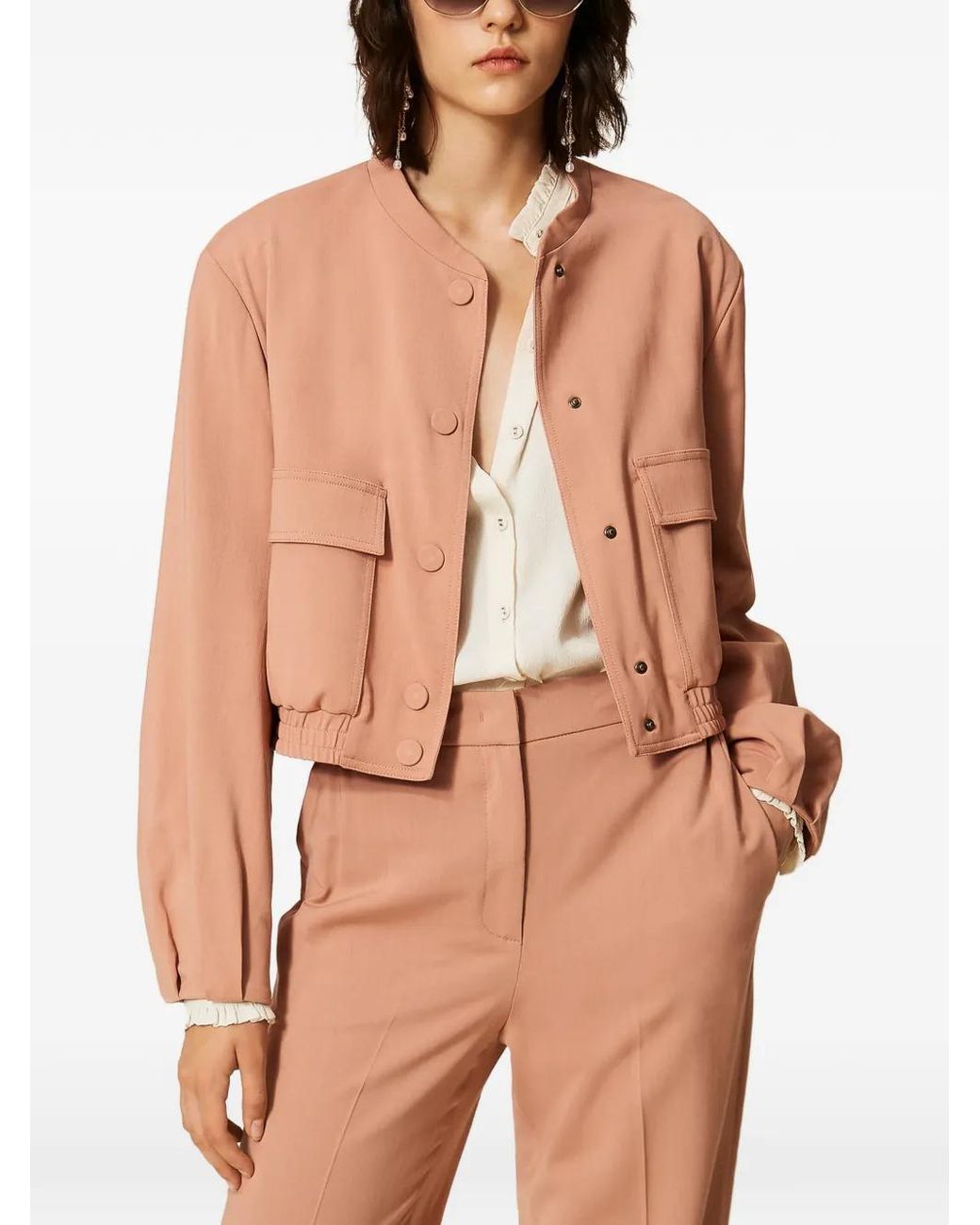 Twinset Pink Twill Bomber Jacket With Pockets