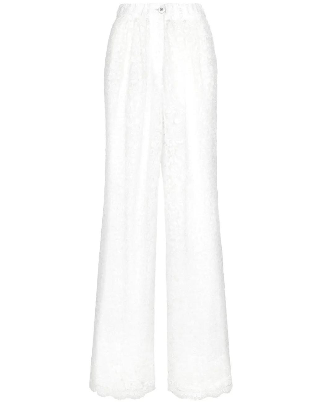 Dolce & Gabbana White Floral-Lace Long-Length Palazzo Pants