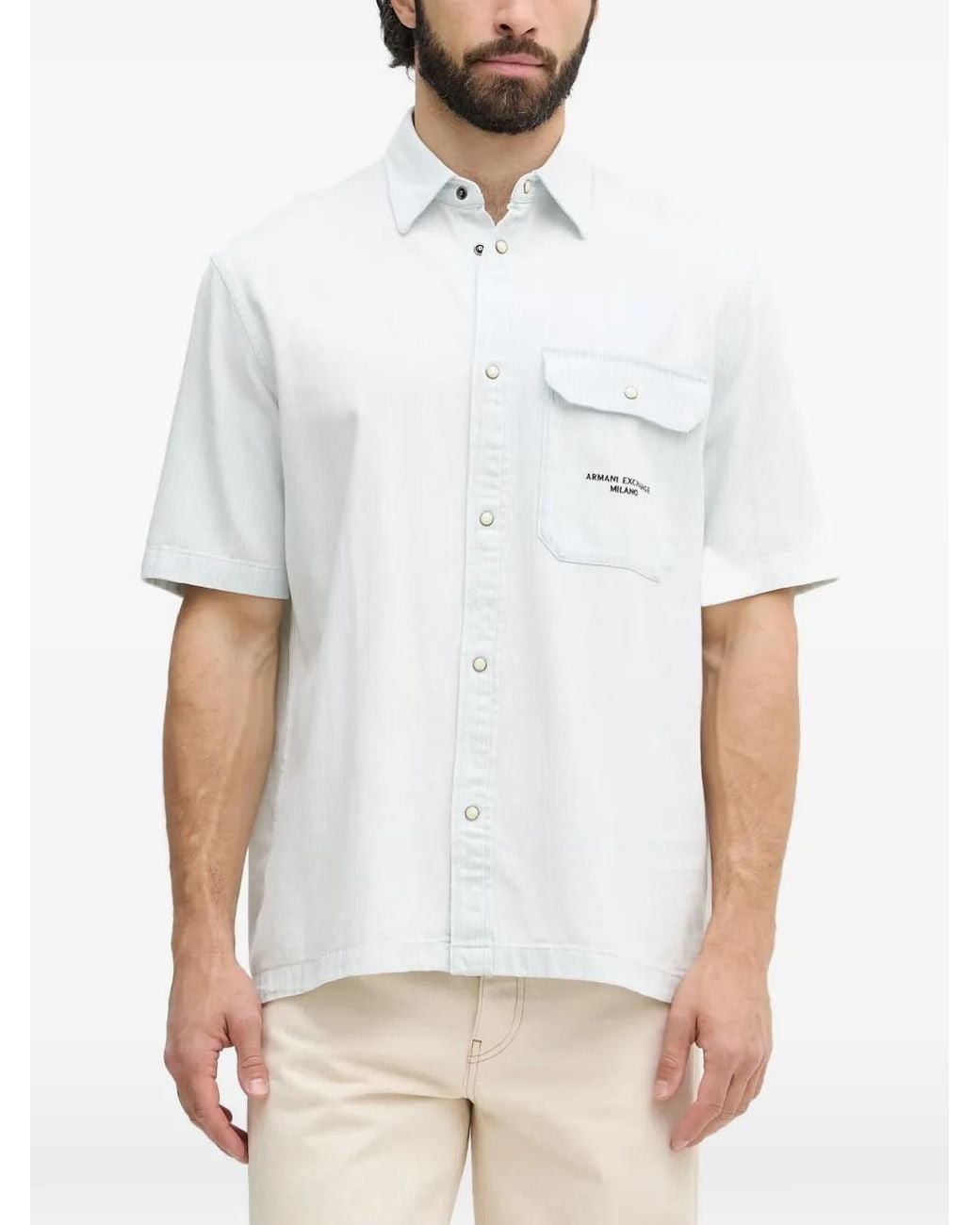 ARMANI EXCHANGE White Pinstripe-Pattern Short-Sleeve Shirt for men