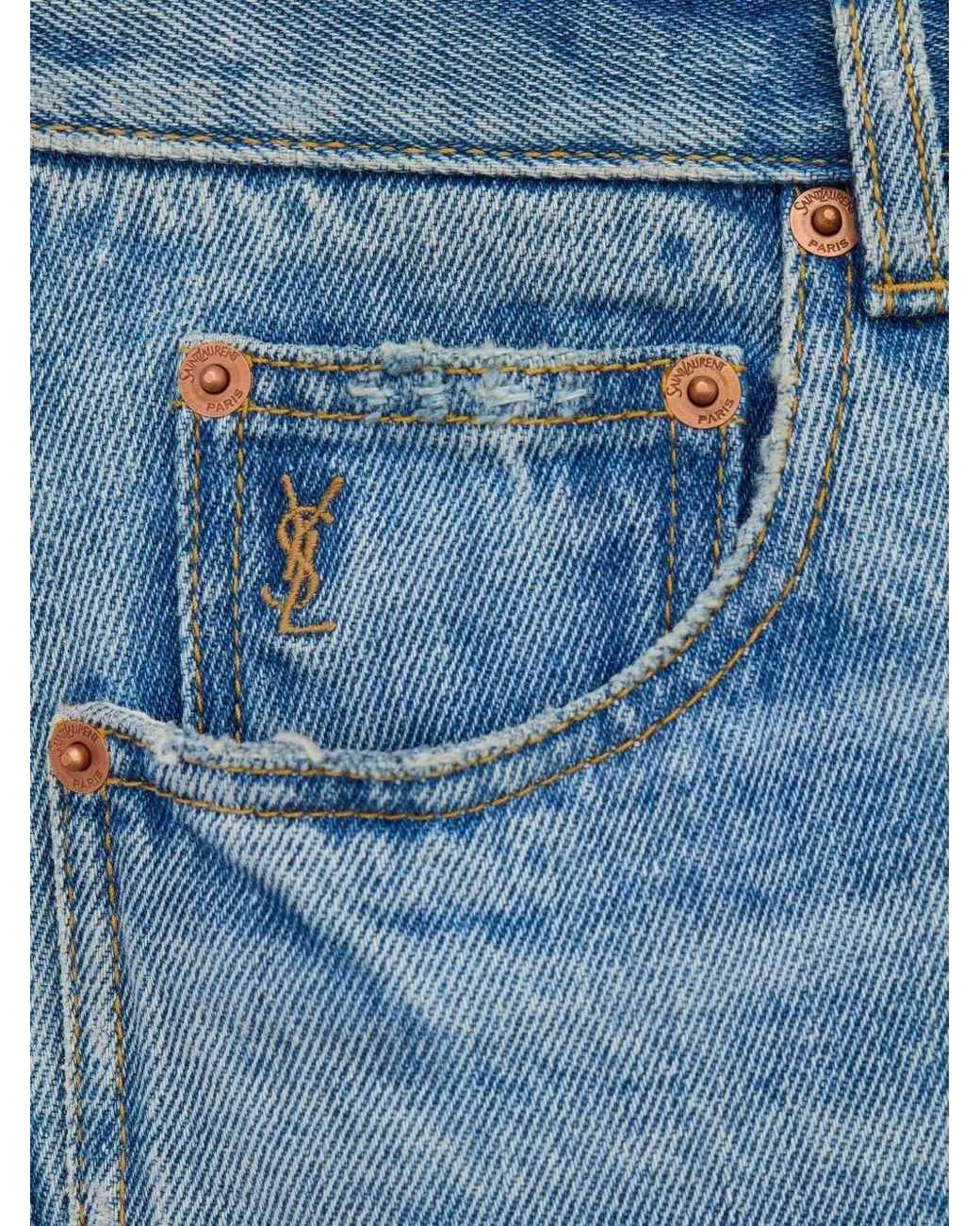 Saint Laurent Blue Nico Monogram-Embroidered Faded-Effect Jeans