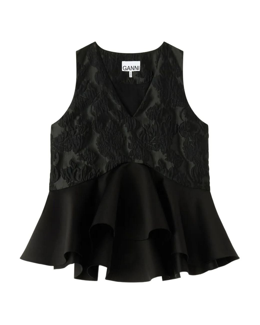 Ganni Black Satin Cloque Peplum Top