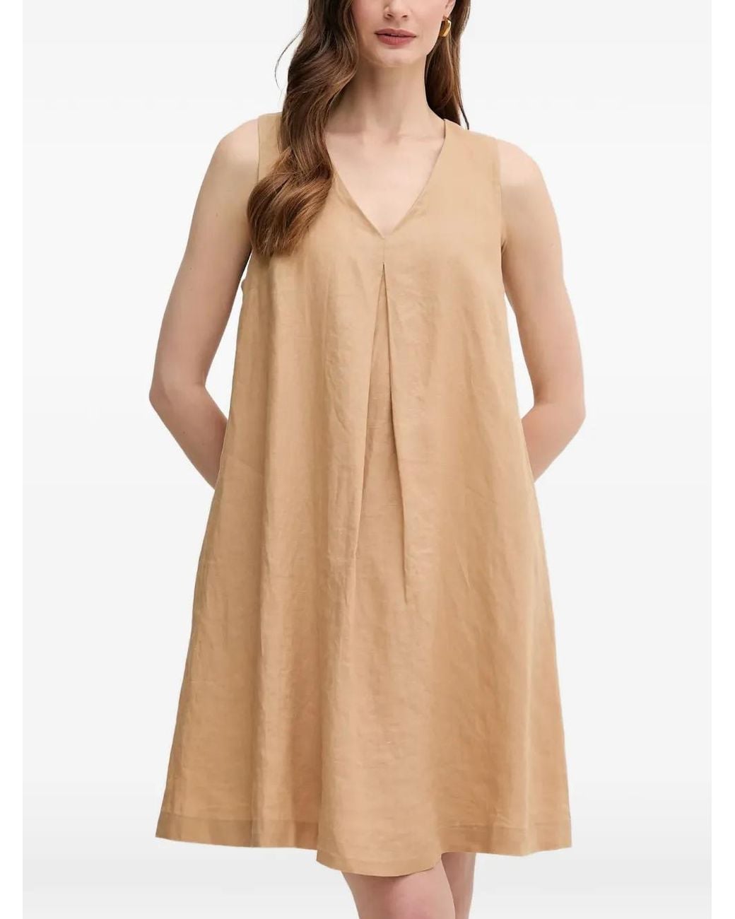 Benetton Natural Pleat-Detail V-Neck Mini Dress