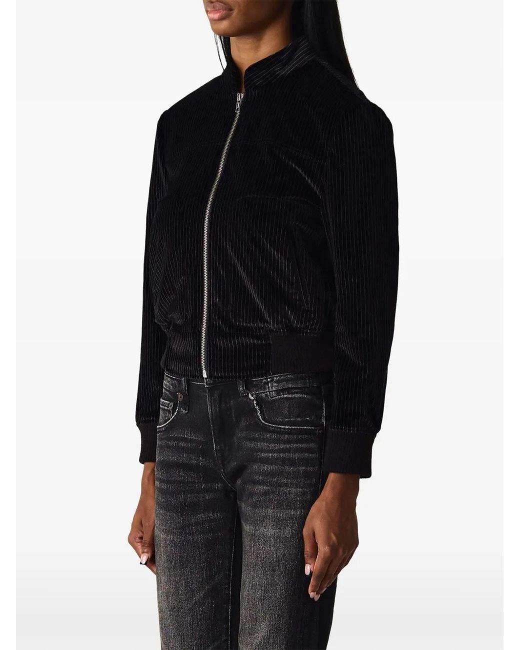 R13 Black Pinstripe-Pattern Stand-Collar Jacket
