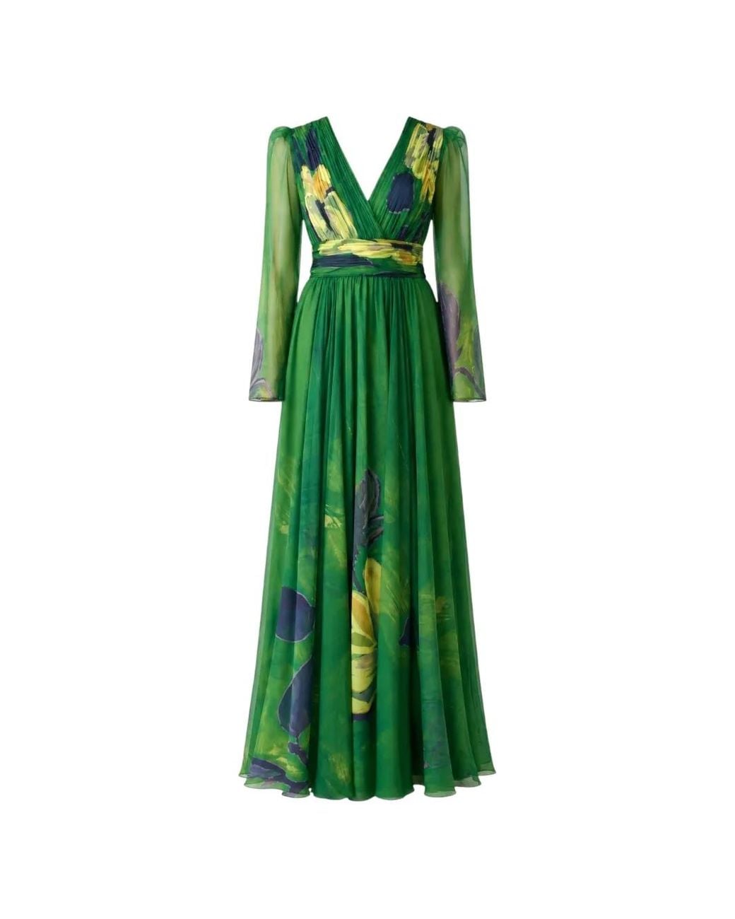 Charo Ruiz Green Abito Floral-Print Pleated Maxi Dress