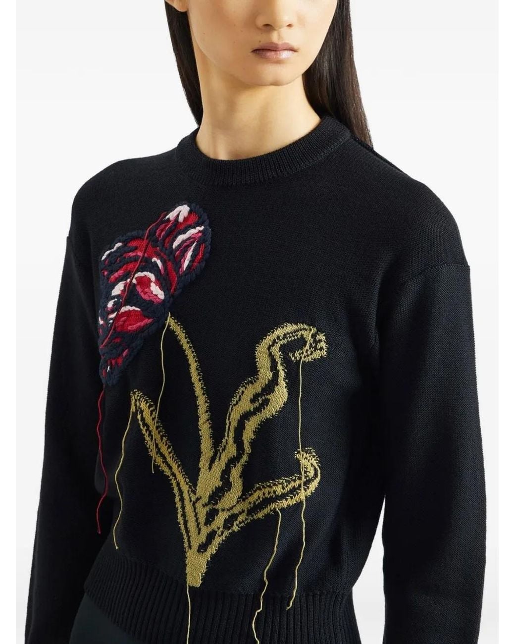 Erdem Black Floral-Intarsia Crew-Neck Sweater