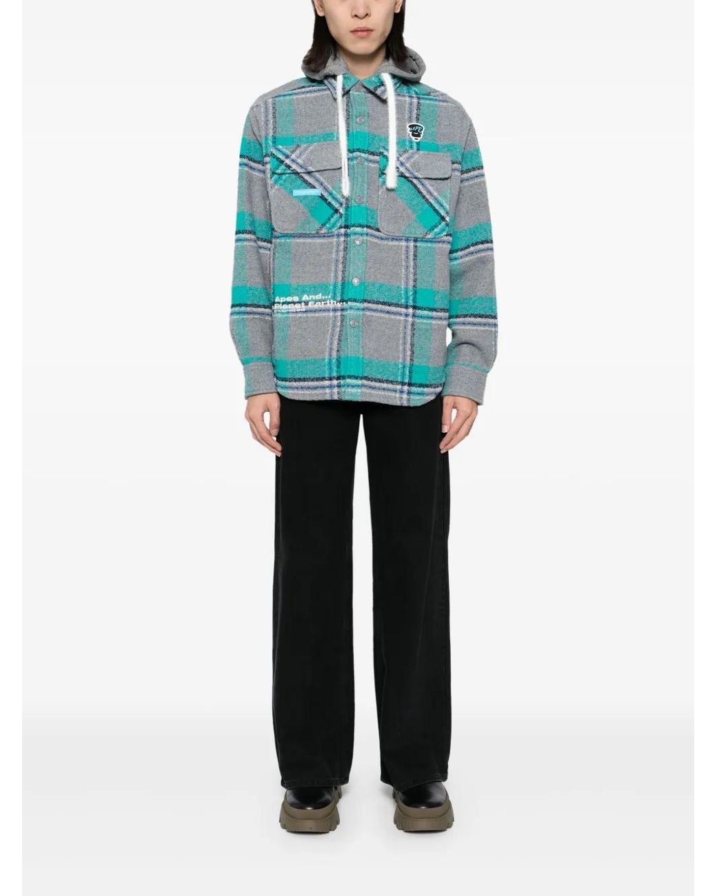 Aape By A Bathing Ape Blue Check-Pattern Hooded Wool-Blend Jacket for men