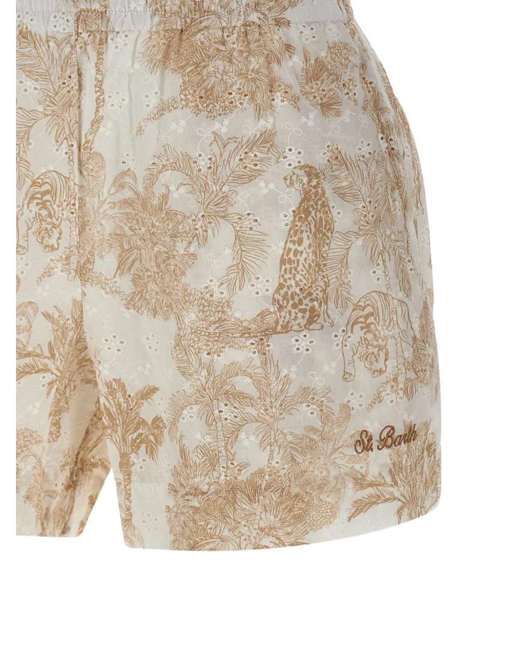 Mc2 Saint Barth Natural Meave Cotton Poplin Pull Up Shorts With Print